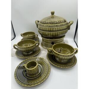 Vintage Ornate Green Ceramic Tureen Soup Set Pot Retro 12 Pieces